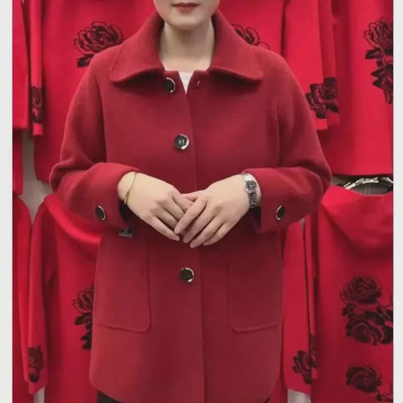 Elegant Woolen Coat: Loose Fit, Double-Faced Design for Middle-Aged and Elderly Women