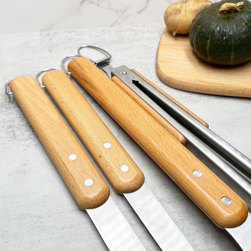 Stainless Steel Barbecue Tool Set Outdoors BBQ Beech Wood Handle Fork Shovel Clamp Brush Combined Grill