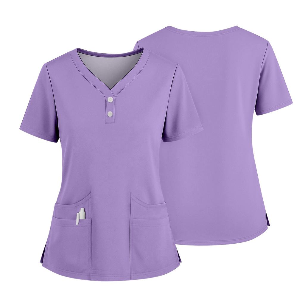 Women's Short Sleeved Solid Color V-neck Buttonable Side Slit Top T-shirt