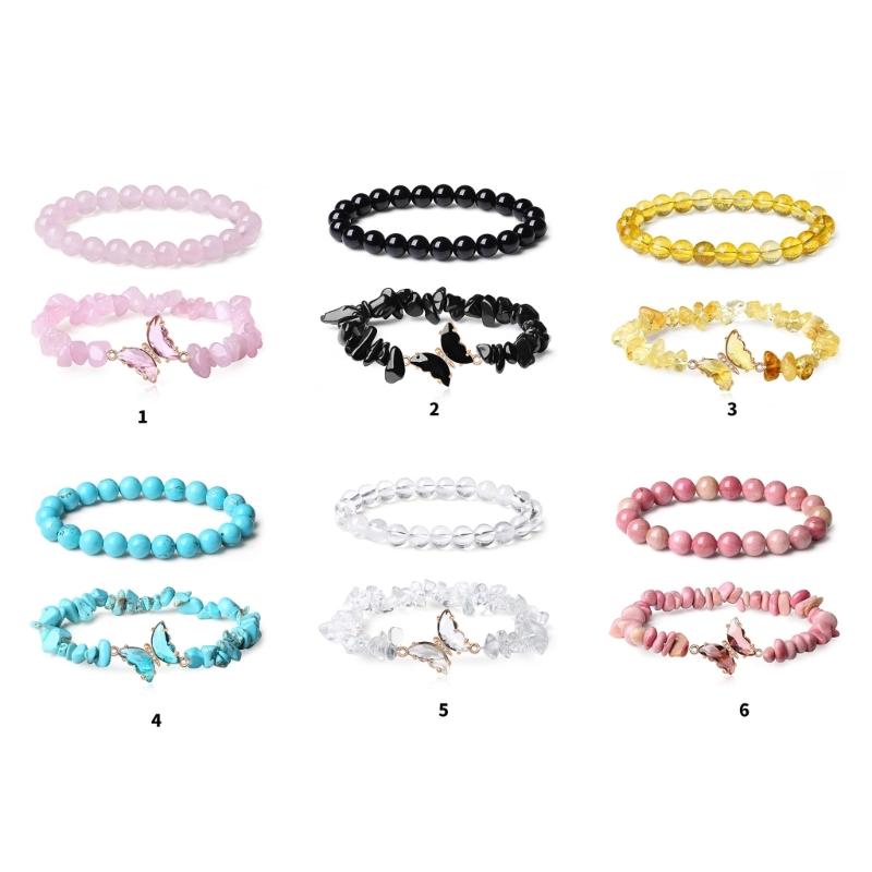 Set of 2 Crystal Butterfly Pendant Bracelet Set Trendy Crystal Beaded Butterfly Bracelet Accessory for Style Seekers