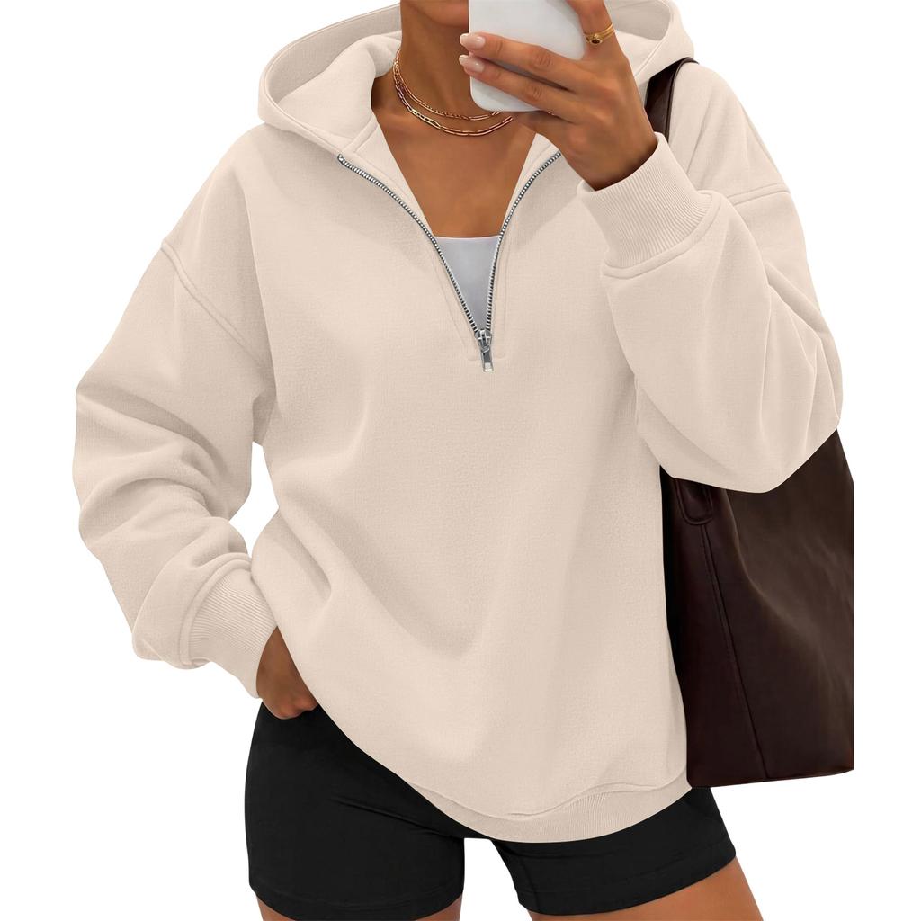 Women's casual fashionable long-sleeved hooded pullover with half-zip on the chest