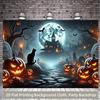 1 Piece of 2D Background Fabric a Vibrant Polyester Background Depicting Pumpkins and Cats In a Halloween Cemetery Setting