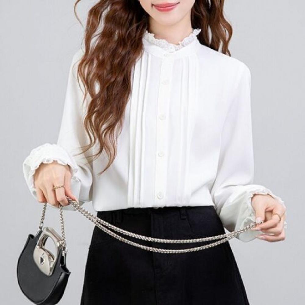 Navava Women Romantic Shirring Lace Point Long Sleeve Blouse Nb3087