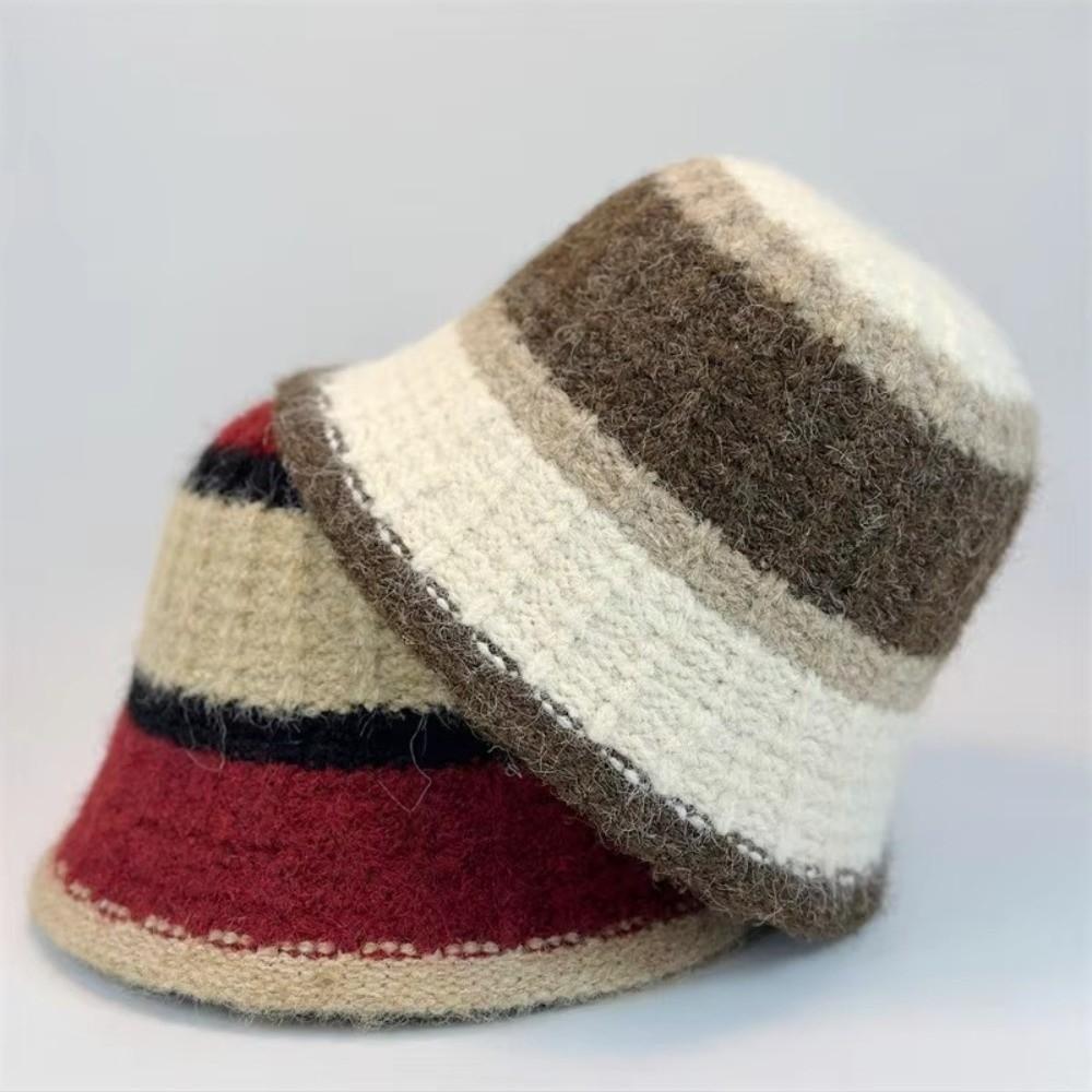 Fashion Wide-Striped Knitted Bucket Hat Versatile Cold-Proof Fisherman Hat Large Head Circumference Warm Basin Hat Outdoor