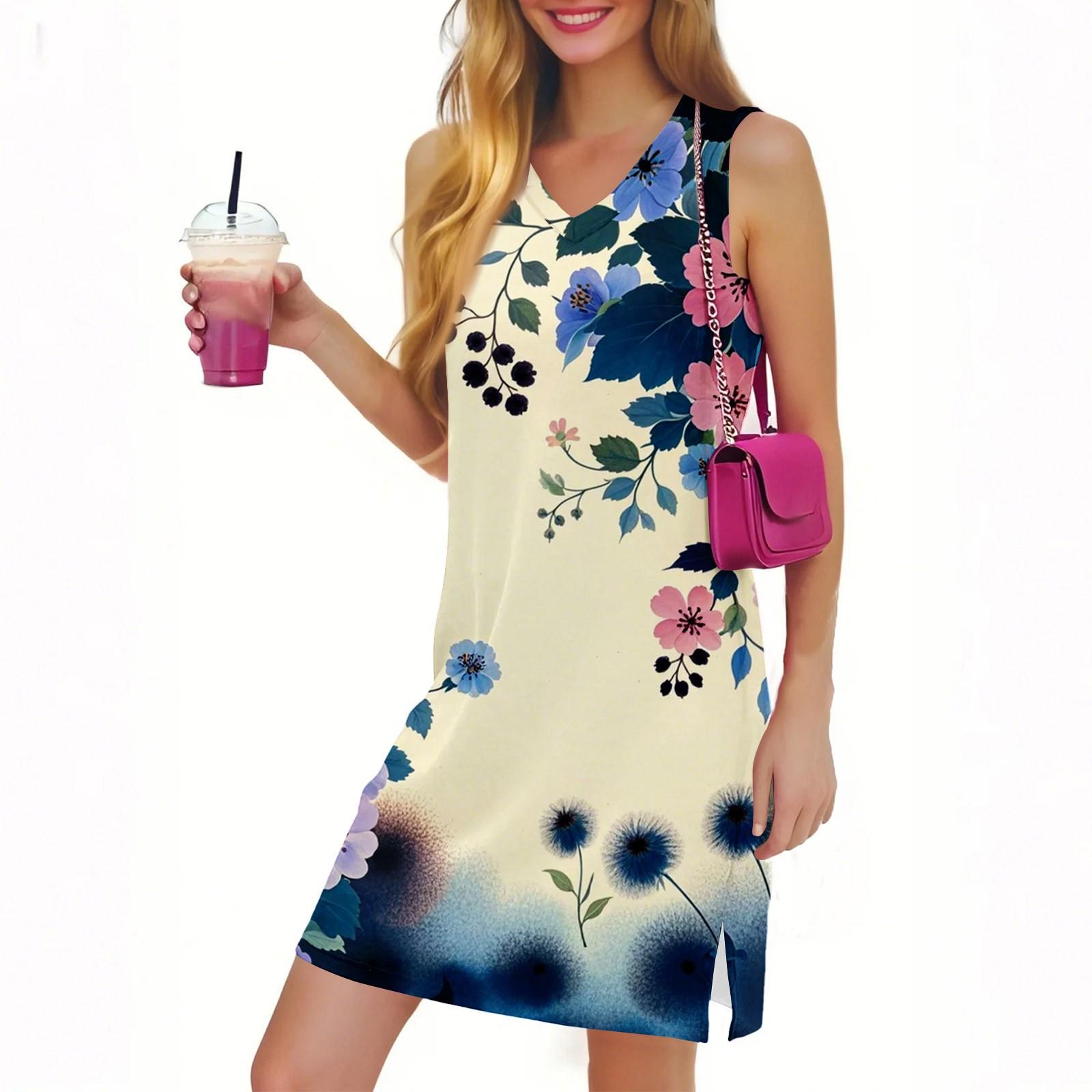 

Женское повседневное модное сексуальное платье без рукавов с V-образным вырезом и цветочным подолом XL красный