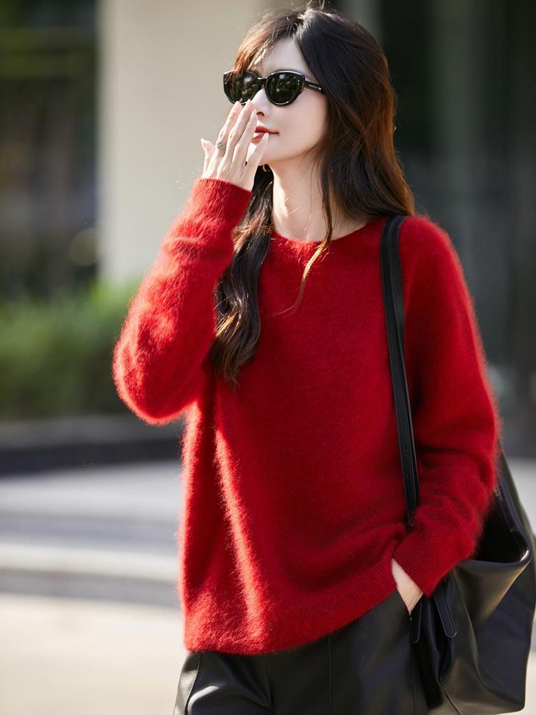Women's Autumn-Winter Brushed Wool Loose Sweater - Round Neck Cashmere Base Layer