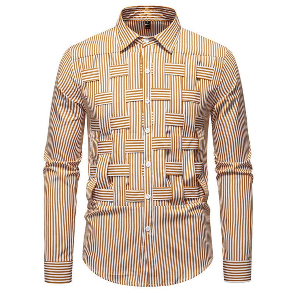 Men's Casual Solid-color Long-sleeved Shirt, Men's Button-style Striped Woven Stand-up Collar Shirt