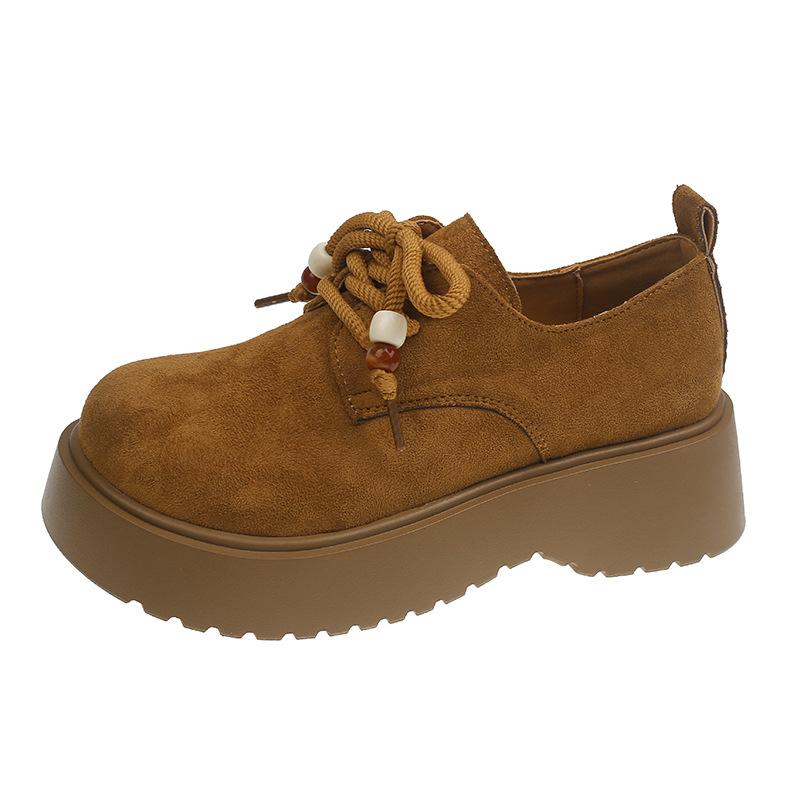 Retro beaded women's autumn new lace-up loafers, thick-soled heightening Boken kangaroo shoes