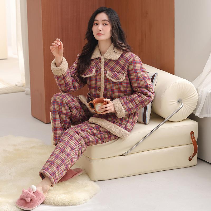 Pajamas Women'S Winter Three-Layer Thickened Velvet Woven Pure Cotton Padded Cotton Winter Padded Jacket Homewear Warm Suit