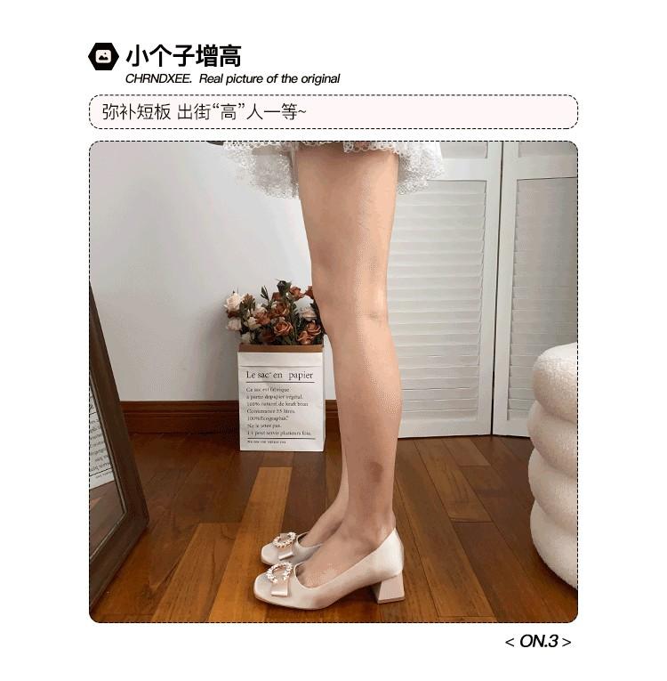 Fashion French Gentle Style with Skirt, Thick Heel, Shallow Opening Single Shoes, Spring and Autumn New Bow Square Toe High Heels