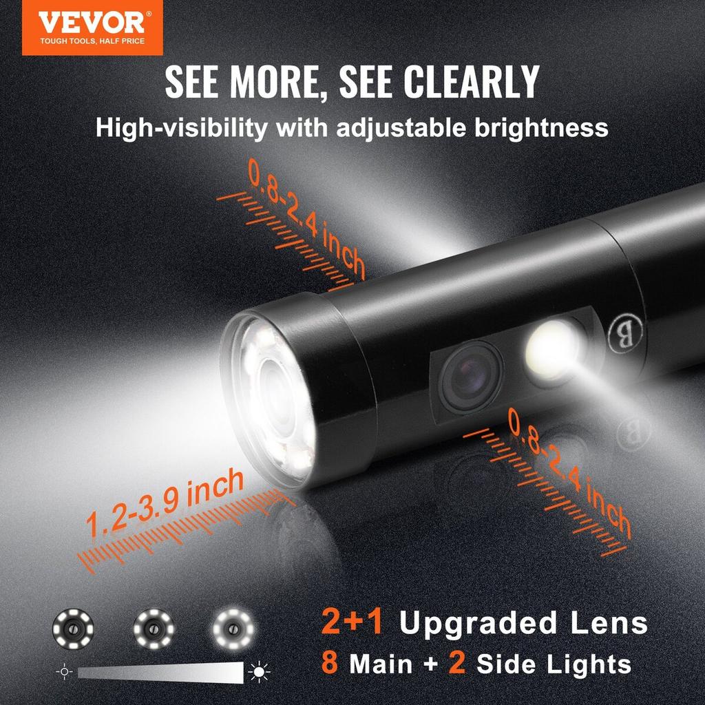 Triple Lens Endoscope Camera, 4.5" IPS Screen Borescope Inspection Camera with 1080P Lens, Semi-rigid Snake Cable, 8 Lights, 2860 mAh Battery,