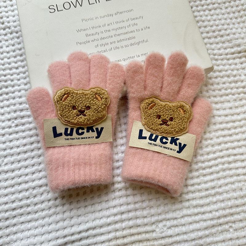 

Autumn and Winter Children s Gloves Lucky Bear Wool Knitted Gloves Cartoon Warm and Cold Proof Baby Gloves Five Finger Gloves one size