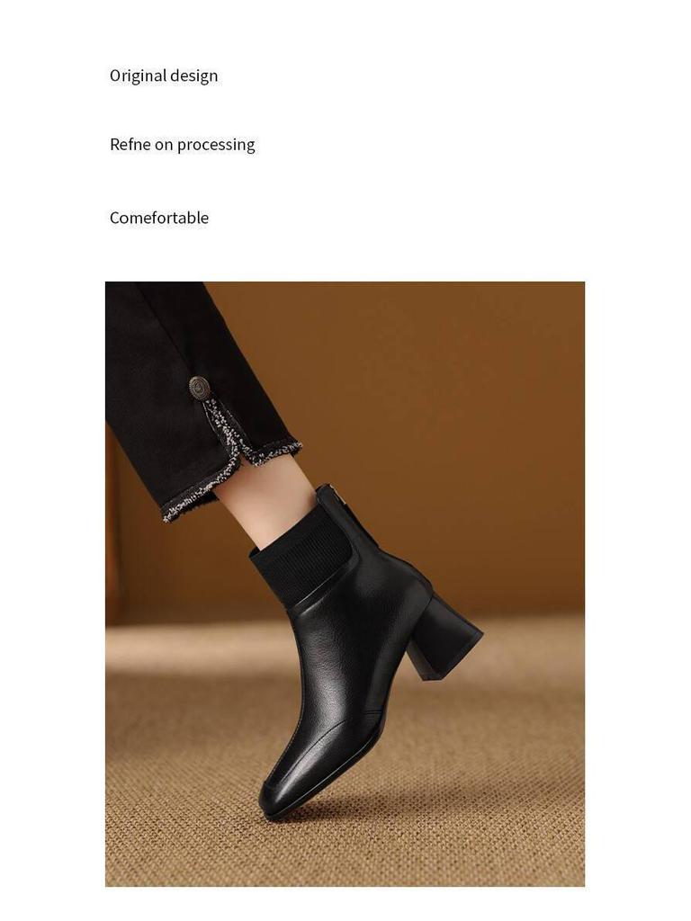 Women's Versatile Fashion Chunky Heel Ankle Boots - Square Toe, Fly-Knit Leather, Plus Velvet, for Autumn/Winter 2025