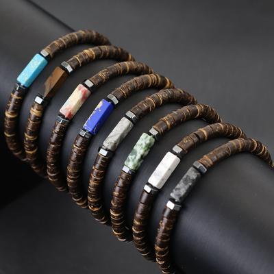 New Natural Coconut Husk Bracelet For Men Premium Tiger Eyes Black Flash Gemstone Stretch Beaded Braclet Yoga Wooden Braslet
