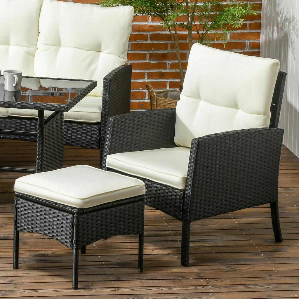 5 Seater Rattan Garden Furniture Set, 6 Piece Garden Sofa Set, Armchairs, 3-Seater Sofa, Footstools, Glass Dining Table, Cushions