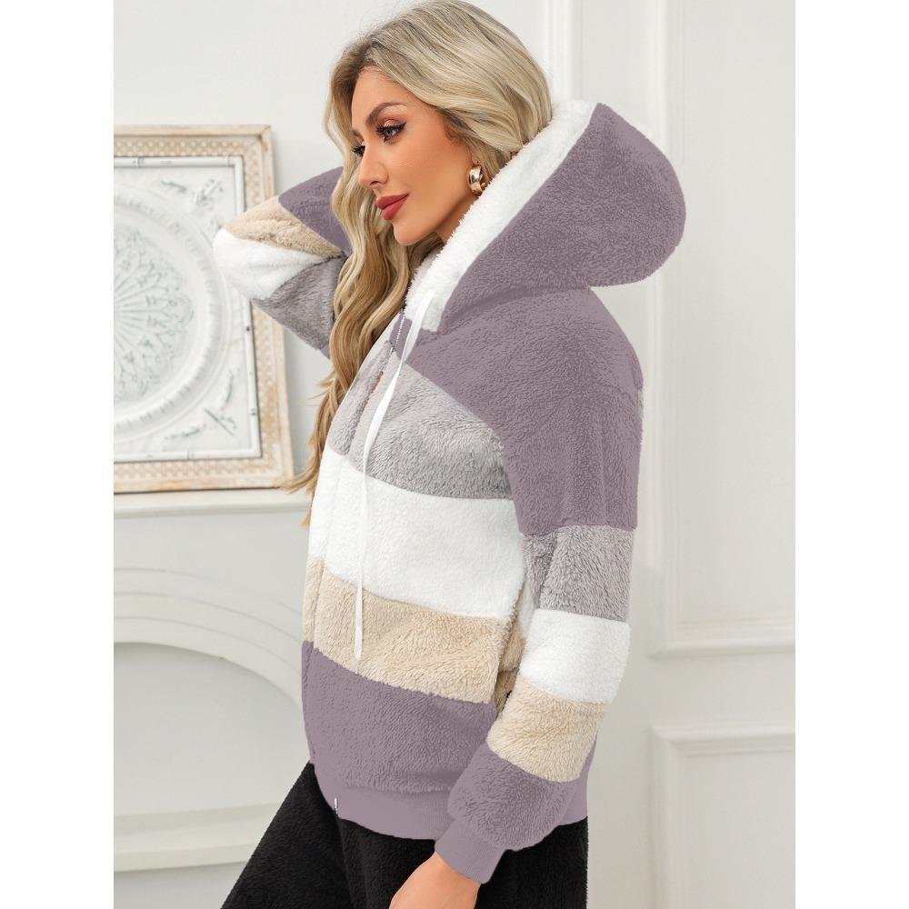 Damen Mehrfarbiger Flauschiger Kapuzenmantel, Lockere Warme Plüschjacke für Herbst Winter