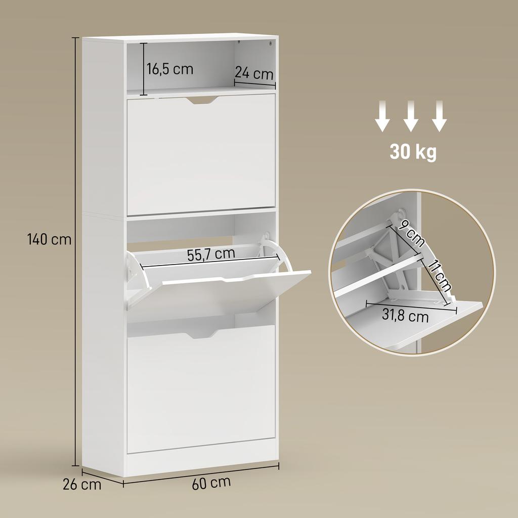 Shoe Cabinet 18 Pairs Narrow Shoe Cabinet 3 Flip Drawers Adjustable Shelves White
