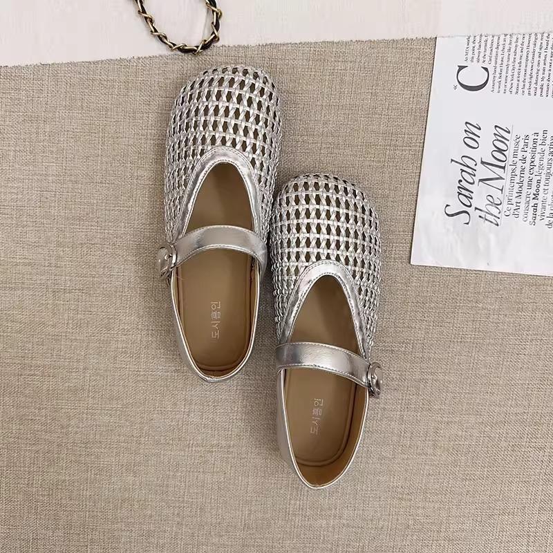 Mary Jane single shoes women's 2025 summer new French hollow fishing net crocheted silver light mouth Roman bean shoes women's shoes