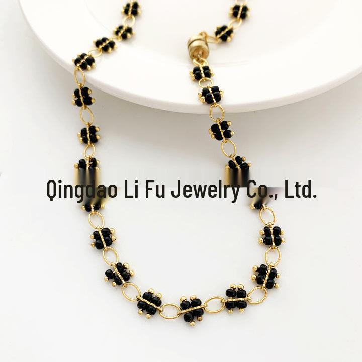 

2023 Summer Black Stone Lace Handmade Necklace - Short Clavicle Chain чёрный