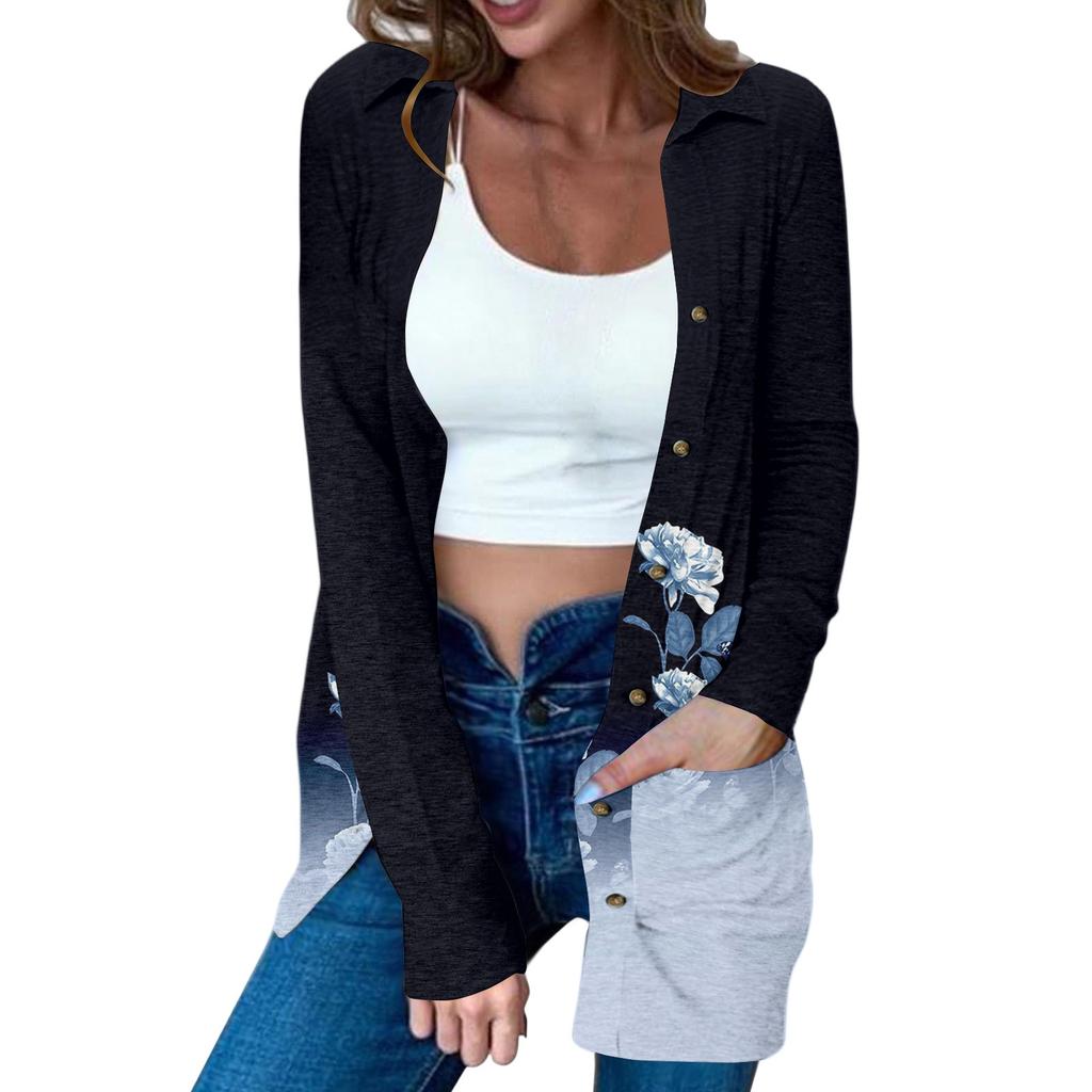 Women's Casual Fashion Floral Print Long Sleeve Mid-Length Cardigan Jacket