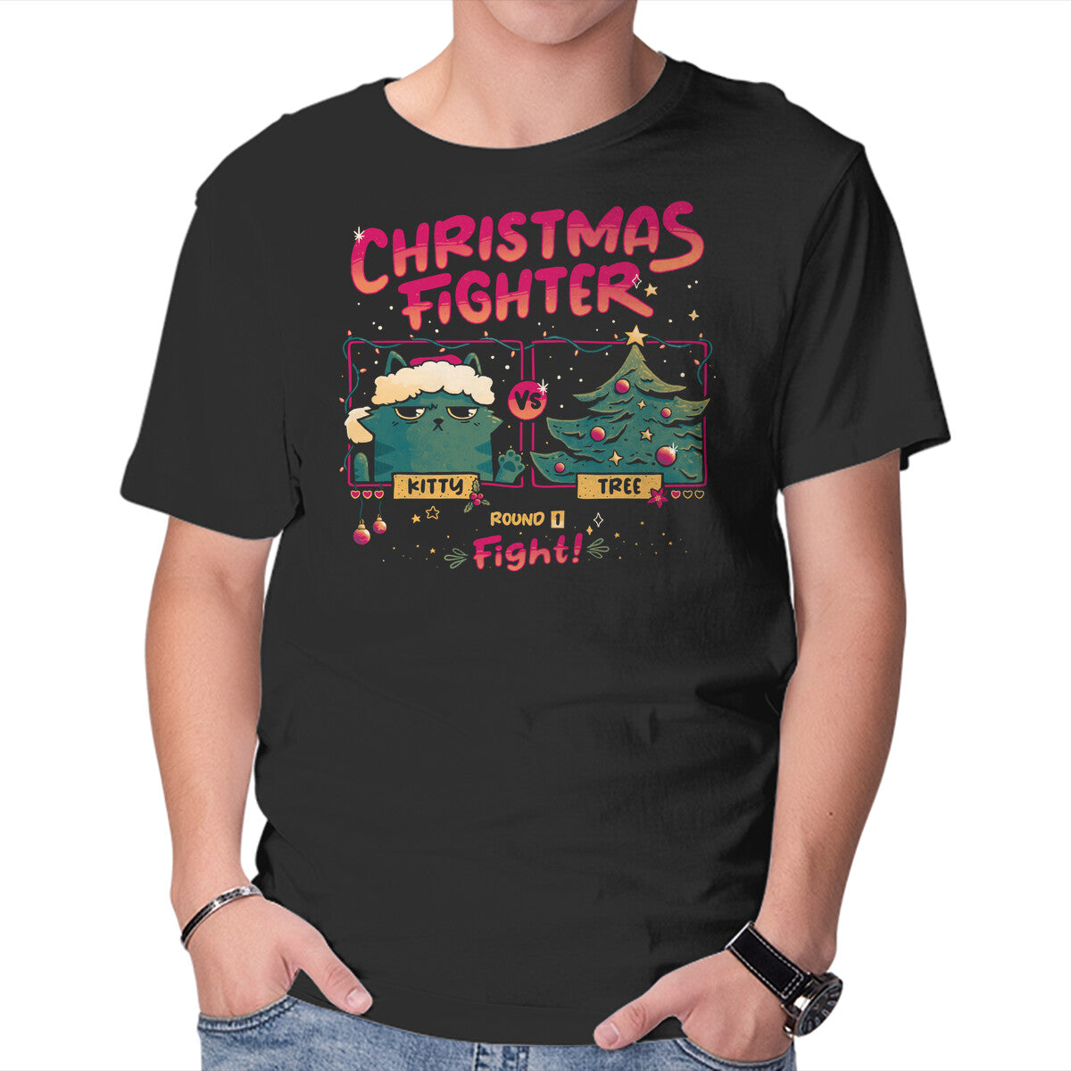 Unisex Crew Neck T-Shirt Christmas Fighter Graphic Short Sleeve Casual Tee XS