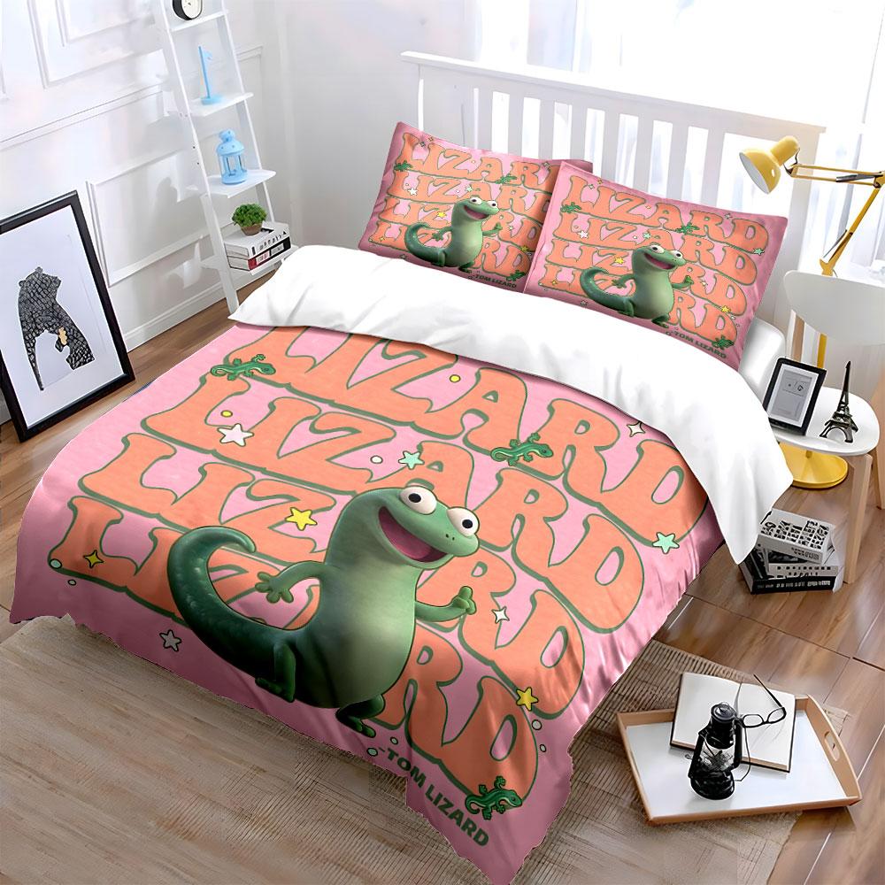 Cute Cartoon Lizard Pink Background Print Soft Comfortable Duvet Cover Bedding Set Included 1*Duvet Cover 2*Pillowcases