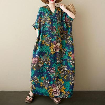 Short Sleeve Plus Size Cotton Vintage Floral New In Dresses for Women Casual Loose Maxi Long Summer Dress