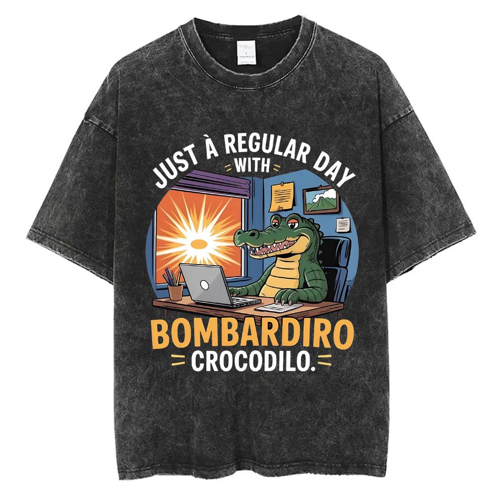 Bombardiro Crocodilo Crocodile Plane Bomber Funny Meme Washed Vintage T-shirt Men Women Casual Italian Brainrot Humor Style Tees