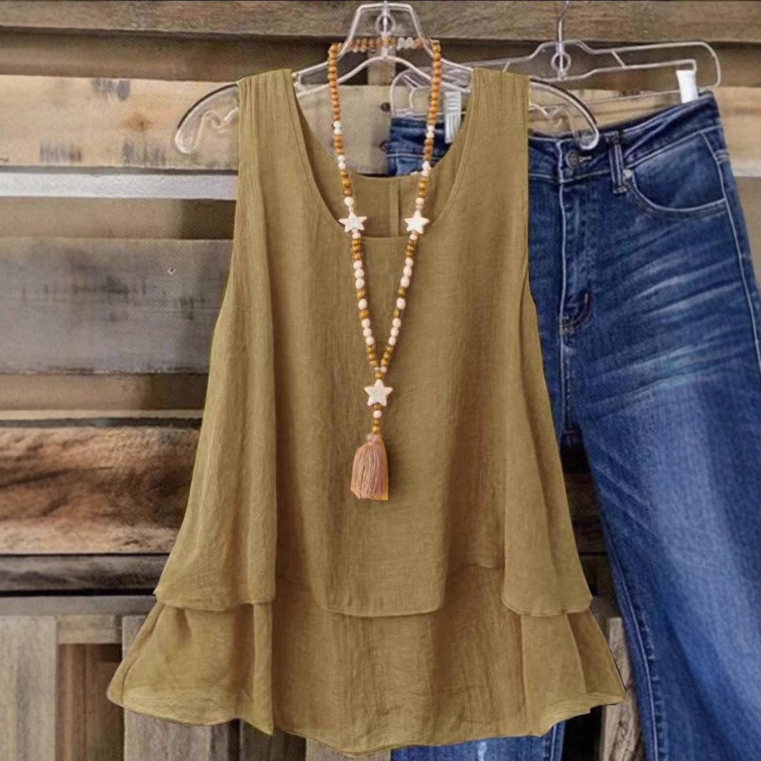 

2025 Women s Summer New Solid Color Casual Sleeveless U-Neck Fake Two Layers T-Shirt 2XL кофейный