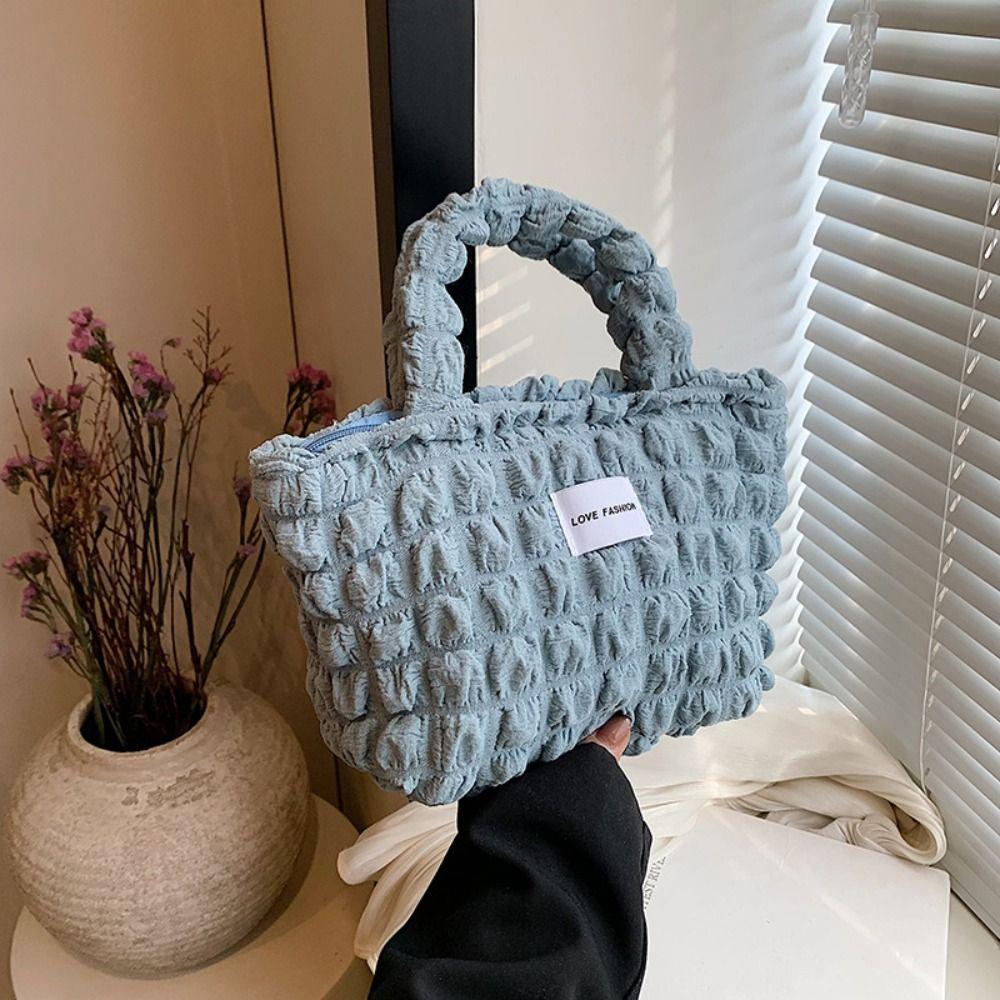 Pleated Bubble Handbag Women's Plaid Small Handbags Travel Storage Shoulder Bags with Zipper Solid Color Tote Armpit Bag