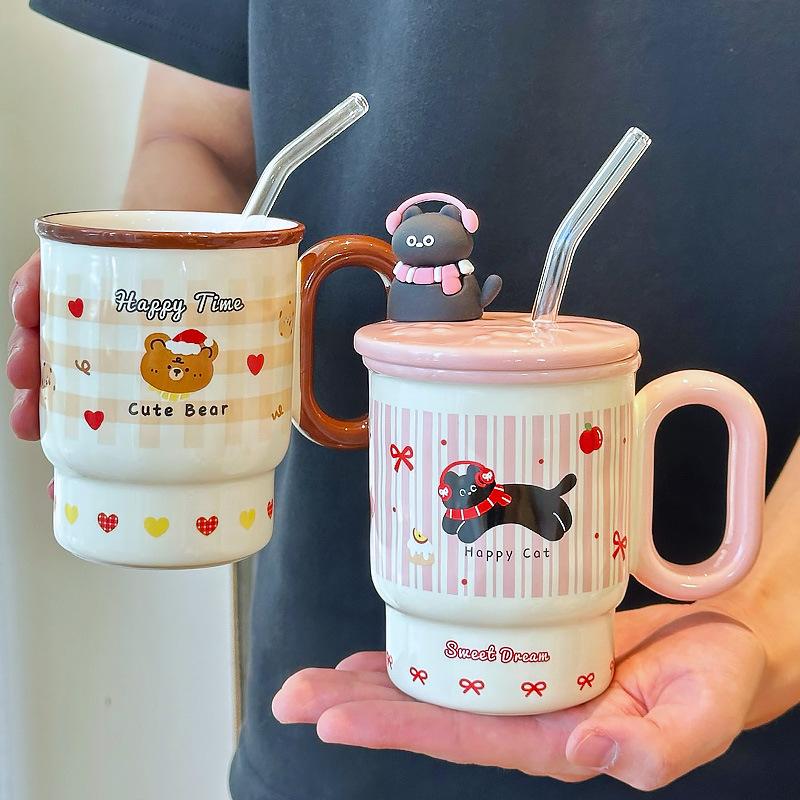 Cute Straw Cup for Drinking Water for Household Ceramic Mug with Lid Water Cup for Girls with High Appearance Office Coffee Cup
