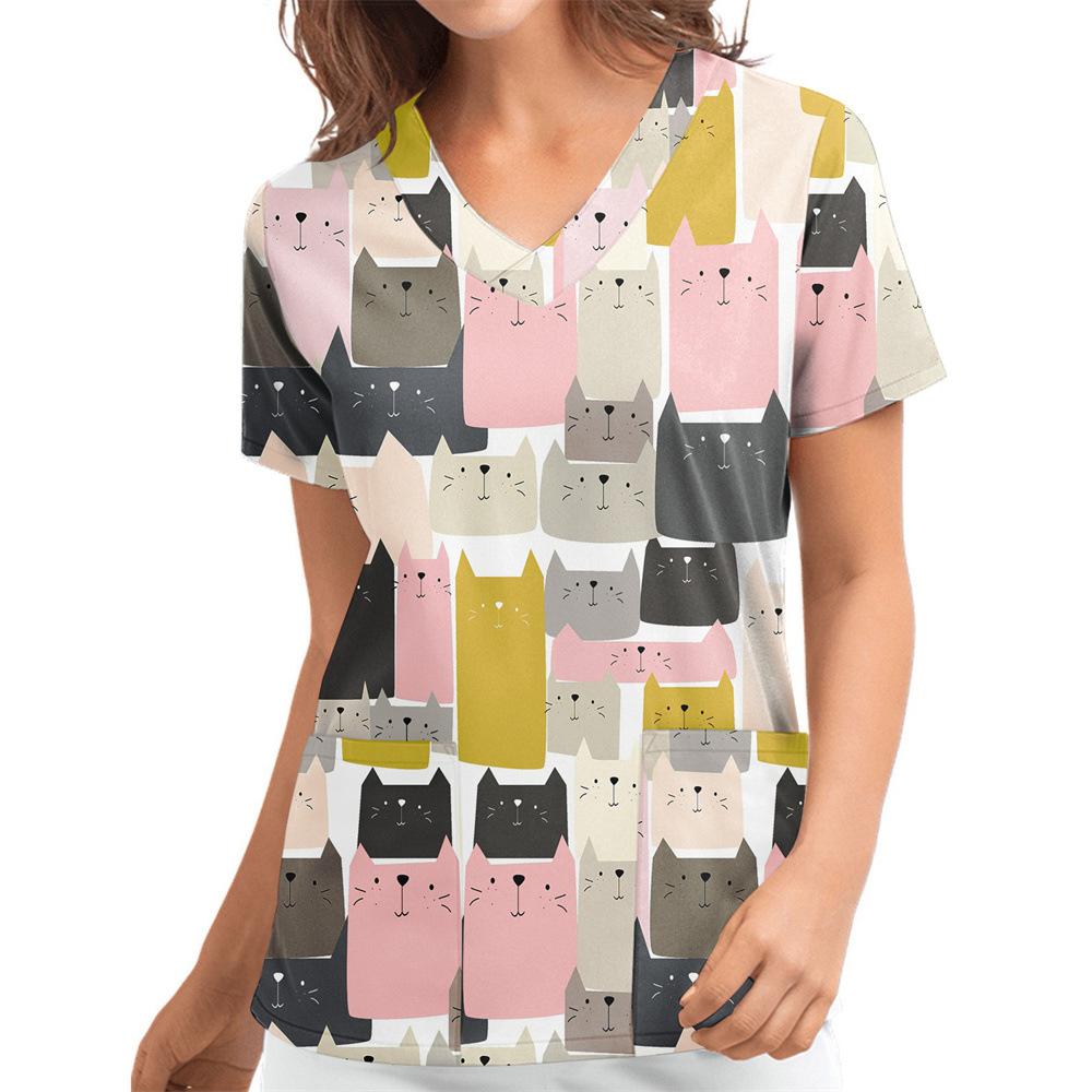 Women's T-shirt V-neck Nurse Uniform Casual and Comfortable Short Sleeved Women's Dreamy Printed T-shirt