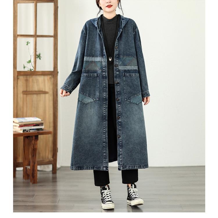 European Style Patchwork Denim Jacket Women Hooded Loose Fit Long Trench Coat Autumn Oversized Outerwear Plus Size