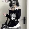 T-shirt da Donna Kawaii Juminocore Gatto Bianco Pois Scollo a Barca Manica Lunga Stile Giapponese Slim Finto Due Pezzi