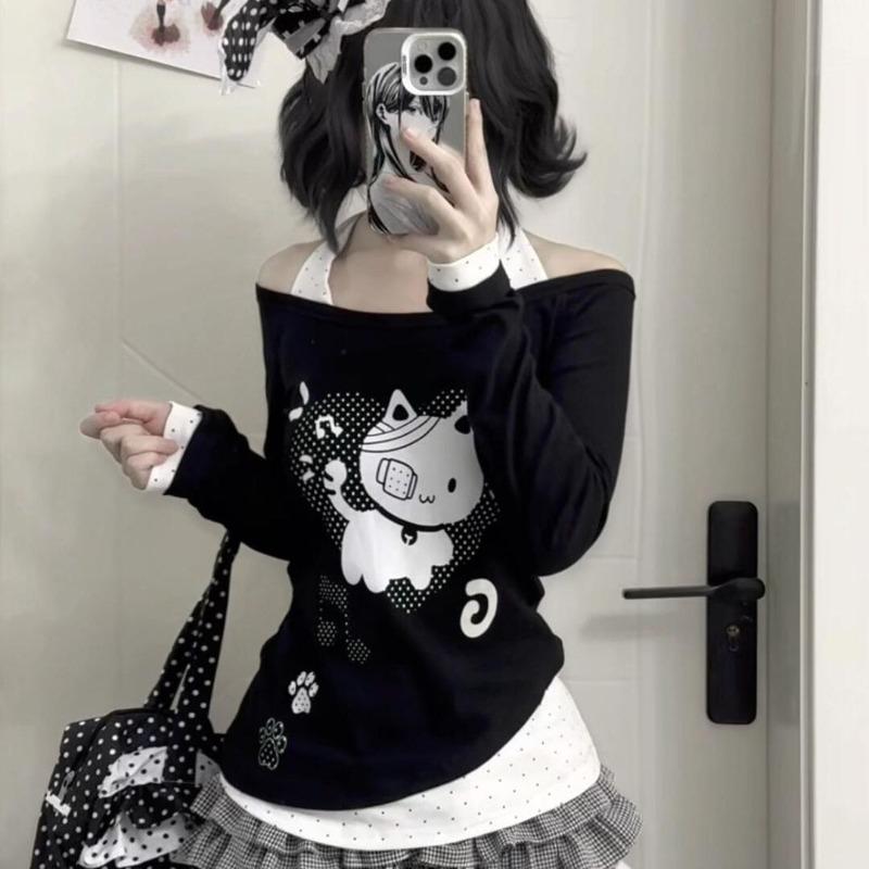 T-shirt da Donna Kawaii Juminocore Gatto Bianco Pois Scollo a Barca Manica Lunga Stile Giapponese Slim Finto Due Pezzi