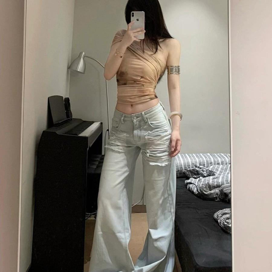 Pure desire design tube top mesh yarn single shoulder sling vest women's spring and summer retro slim fit diagonal dew American printing