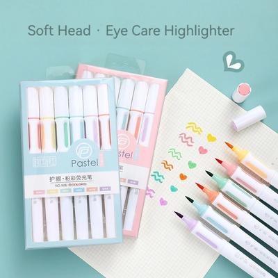 6 Colors Brush Pastel Color Highlighter Pen Set Fluorescent Markers Highlighters Pens Art Marker Japanese Cute Kawaii Stationery