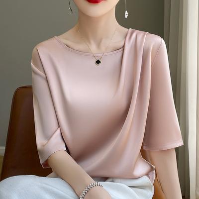 Camiseta de Verano para Mujer de Seda de Hielo de Manga Corta con Mangas Tres Cuartos para Llevar Fuera, Top de Seda Suelto con Temperamento
