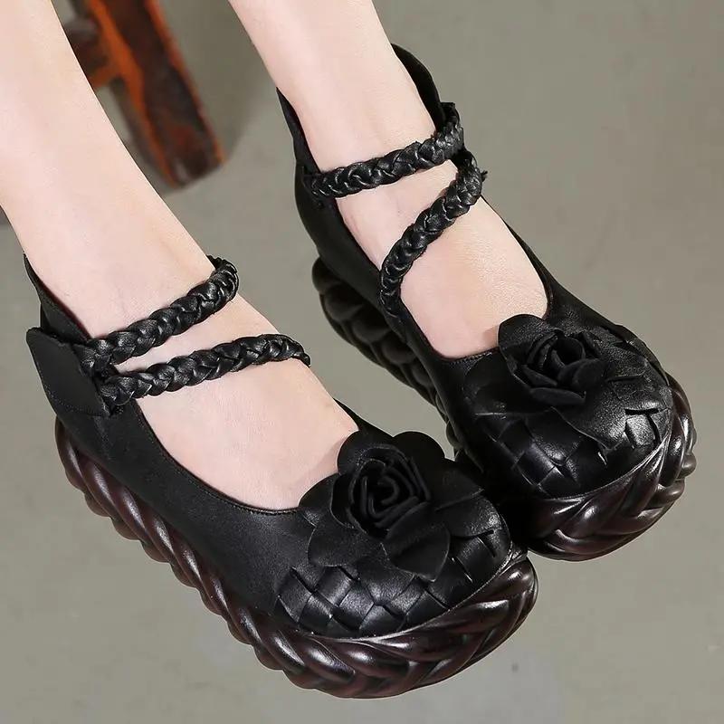 Fashion GKTINOO Women Leather High Heels Wedge Shoes Flower 2025 Autumn Pumps Women Genuine Leather Handmade Mary Jane Pumps Platform