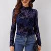 Women's Long Sleeve Mesh Top Mock Neck Floral Sheer See Through Shirt Sexy Party Club Night Going Out Blouse