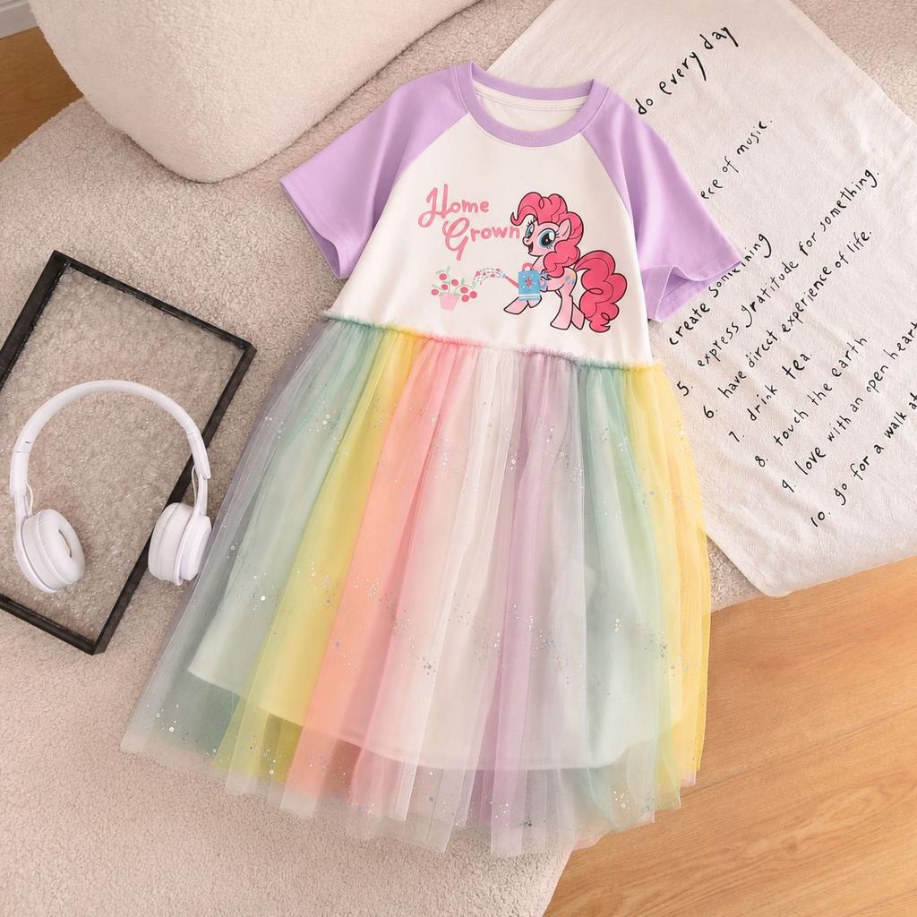 Girls Summer Short Sleeve Cartoon Tulle Dress Middle Big Kids Princess Party Gown