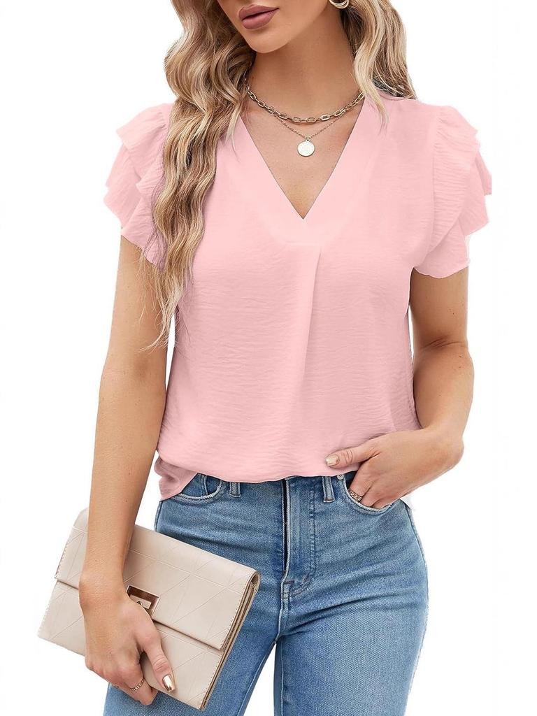 2025 Women's V-neck Polyester Short-sleeve T-shirt - 14 Colors, Casual Versatile Base Layer for Winter.