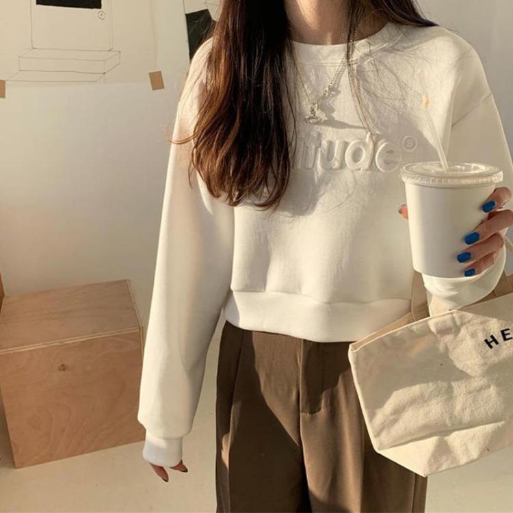 High Waist Women Sweatshirt Short Long Sleeve Solid Color Top