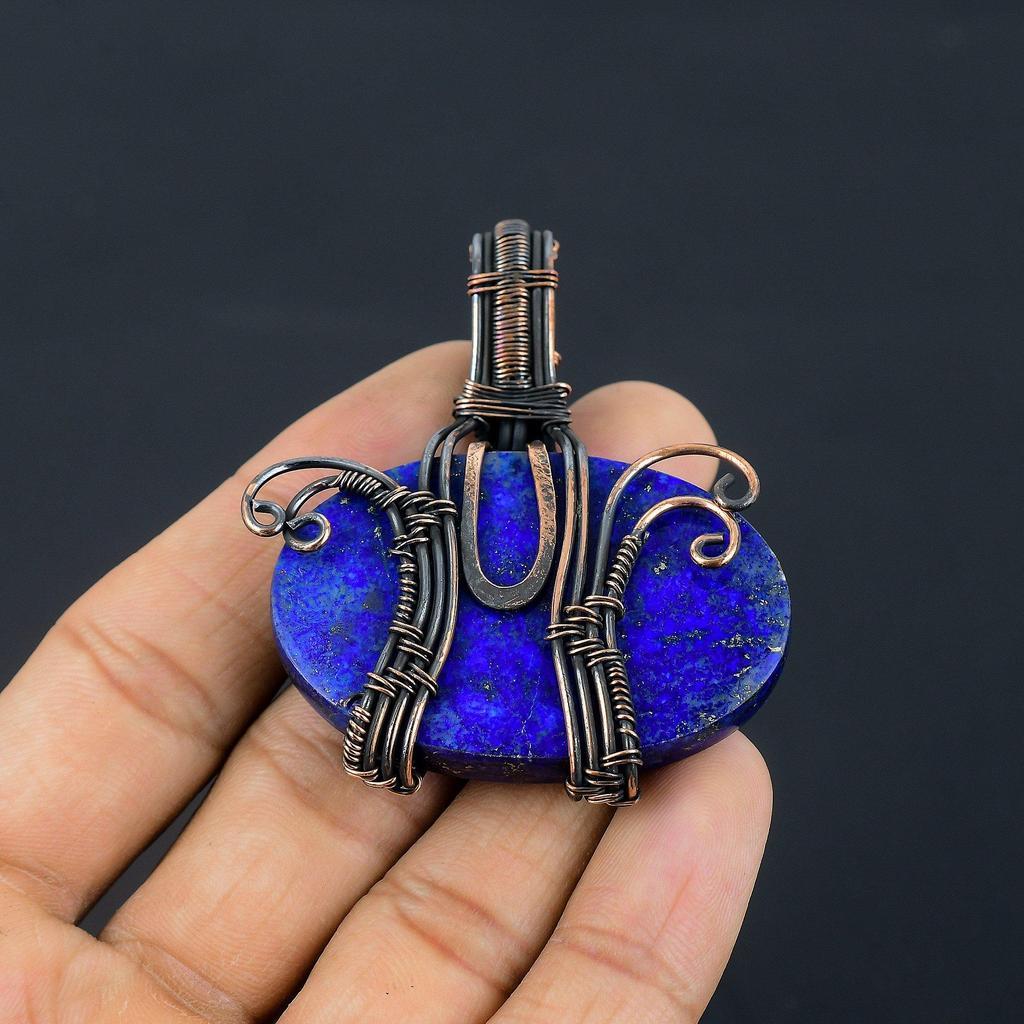 Lapislazuli Anhänger Handgefertigter Edelsteinschmuck, 999 Kupferdraht gewickelter Anhänger, Schmuckanhänger mit einzigartigem Design