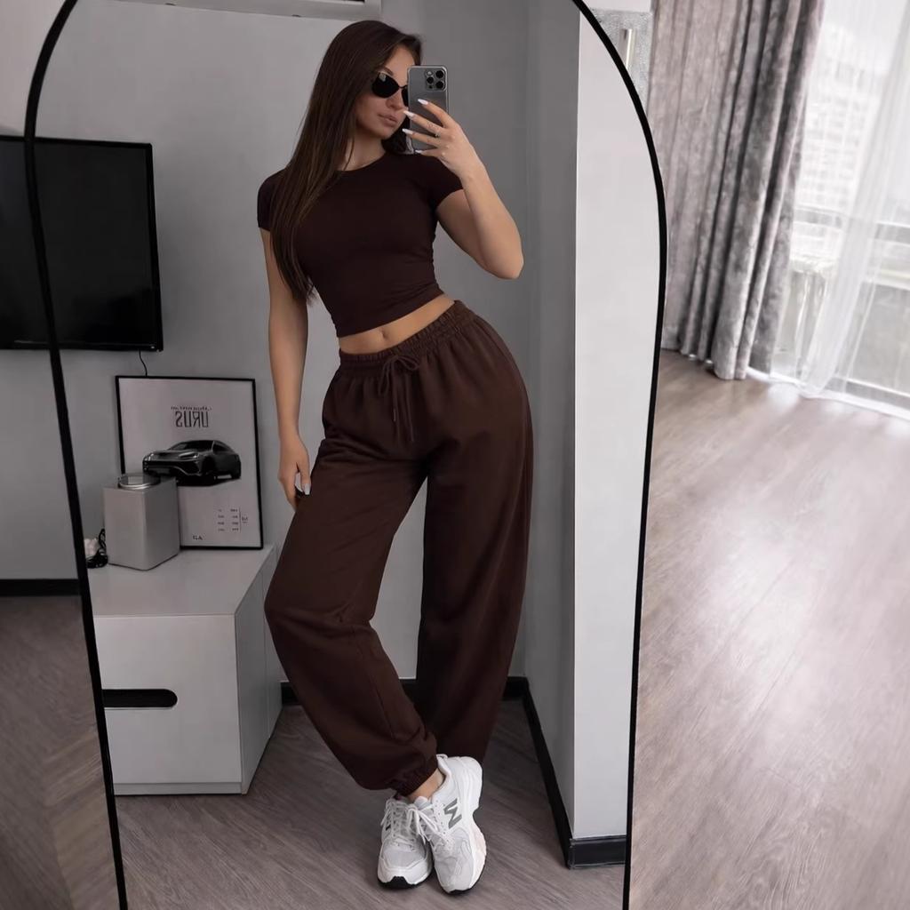 2026 cross-border European and American women's clothing Amazon fashion short waist T-shirt corset sweatpants trousers two-piece set