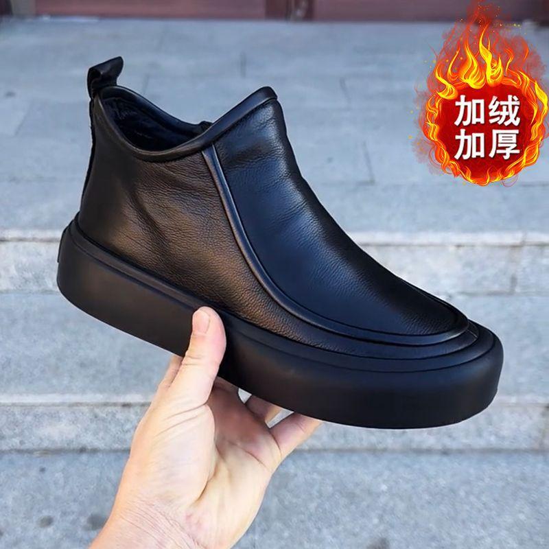 Pantofi pentru bărbați 2025 pantofi noi din piele tub scurt ajutor mediu fermoar casual înălțime interioară creștere nou stil chinezesc autentic simplu și confortabil trend