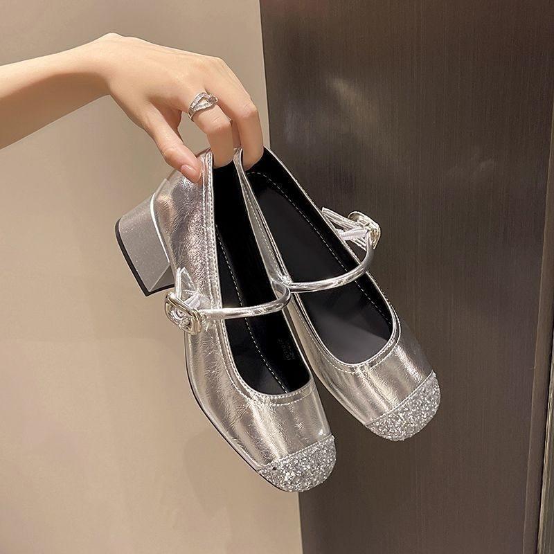 Silver soft-soled light-mouth Mary Jane shoes women's new spring and summer one-word with retro high-heeled single shoes