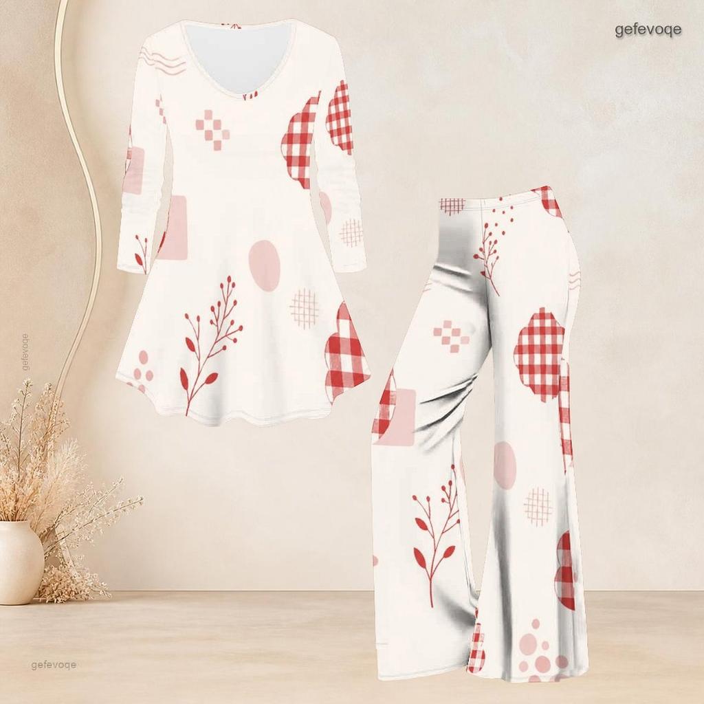 Women Plus Size V Neck Three Quarter Sleeve Printed Flared Top And Flared Pants Two Piece Set