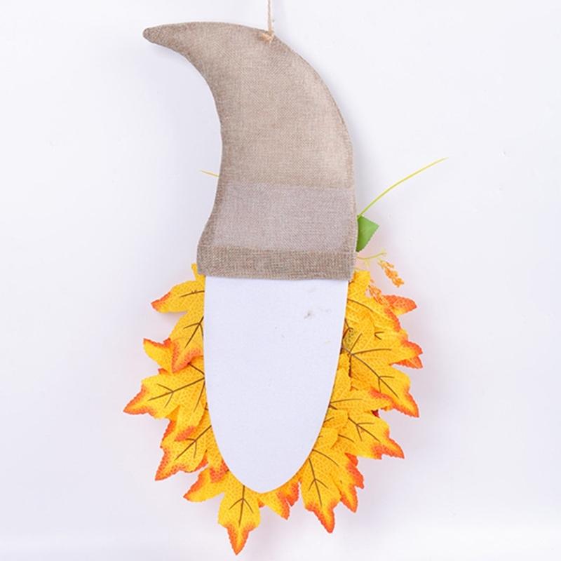 Harvest Gnomes Figure Maple Leaf Flower Fall Wreath Hanging Sign Ornament for Farmhouses Front Door Wall Decoration