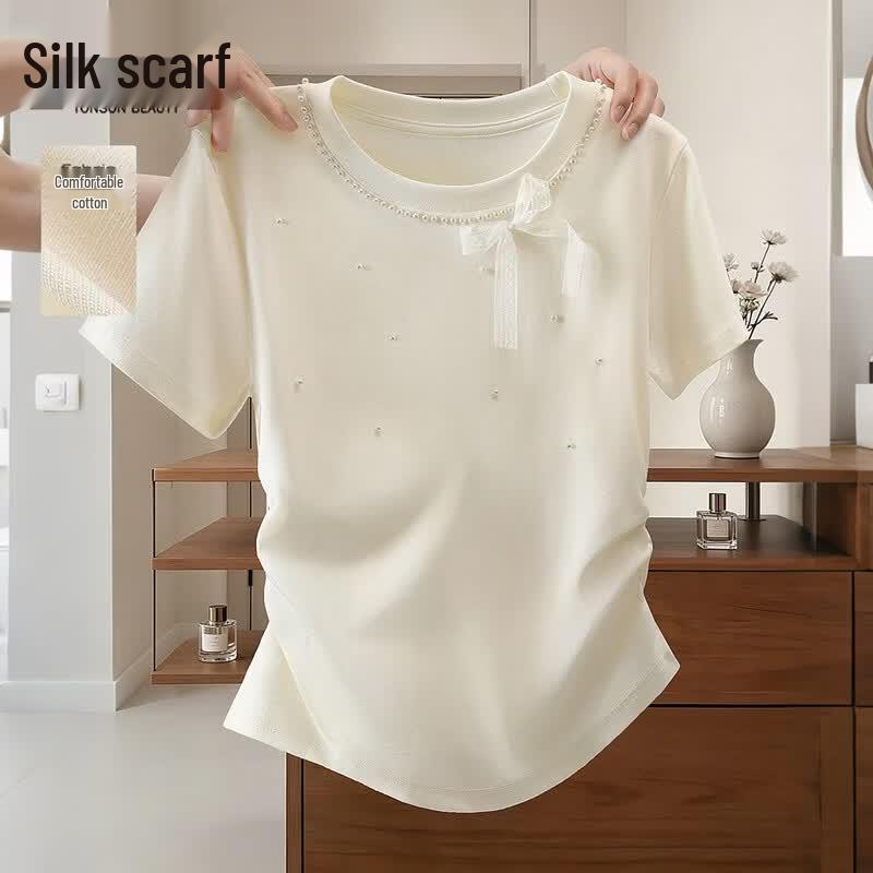 Women s Beaded Round Neck Short Sleeve Slim Fit T-shirt M